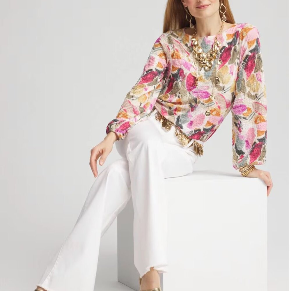 Chico's Jacquard Smocked Boatneck Top Chico's Size 4 (US XXL) Abstract Colorful